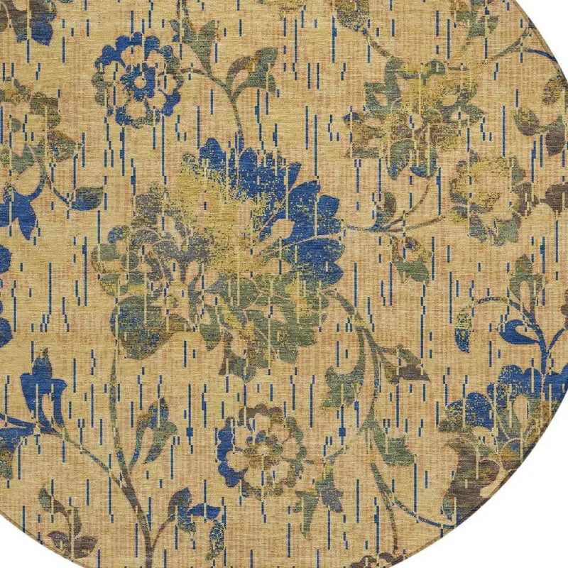 8' Gold And Brown Round Floral Washable Indoor Outdoor Area Rug Homeroots Outdoor