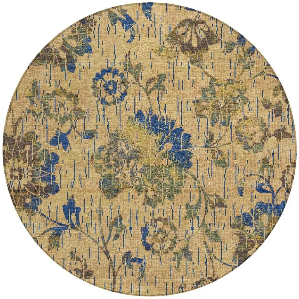 8' Gold And Brown Round Floral Washable Indoor Outdoor Area Rug Homeroots Outdoor