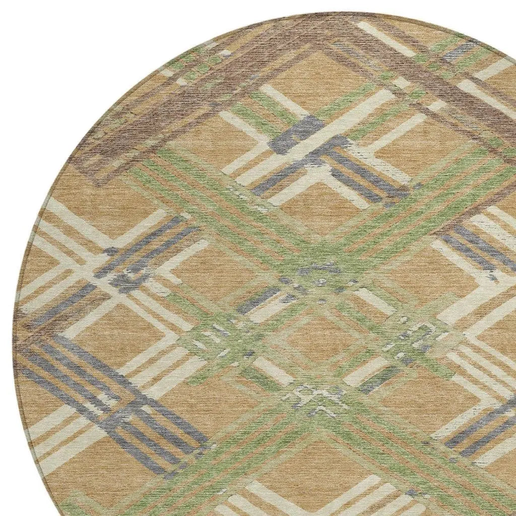 8' Gold And Brown Round Geometric Washable Indoor Outdoor Area Rug Homeroots Outdoor