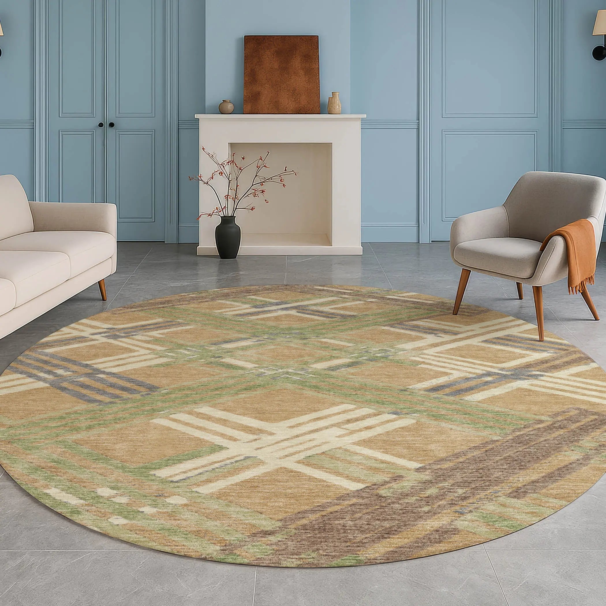 8' Gold And Brown Round Geometric Washable Indoor Outdoor Area Rug Homeroots Outdoor
