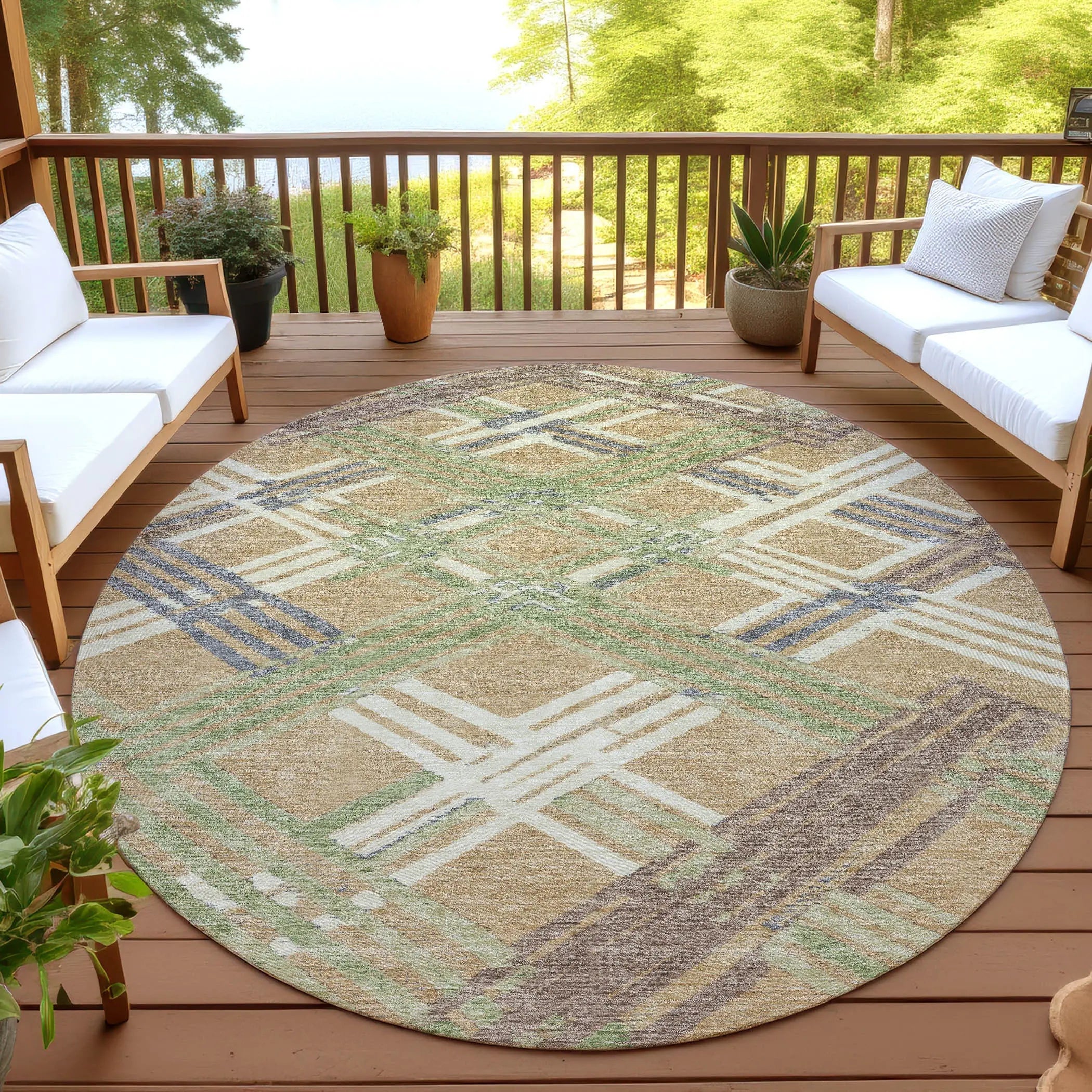 8' Gold And Brown Round Geometric Washable Indoor Outdoor Area Rug Homeroots Outdoor