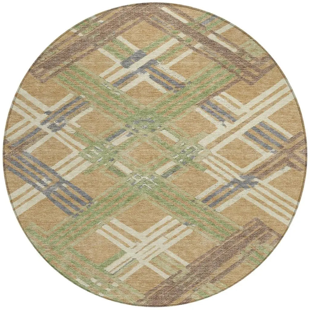 8' Gold And Brown Round Geometric Washable Indoor Outdoor Area Rug Homeroots Outdoor