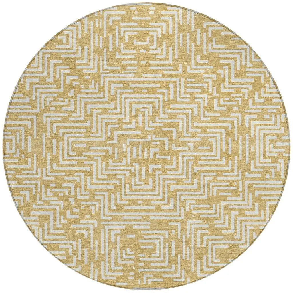 8' Gold And Brown Round Geometric Washable Indoor Outdoor Area Rug Homeroots Outdoor