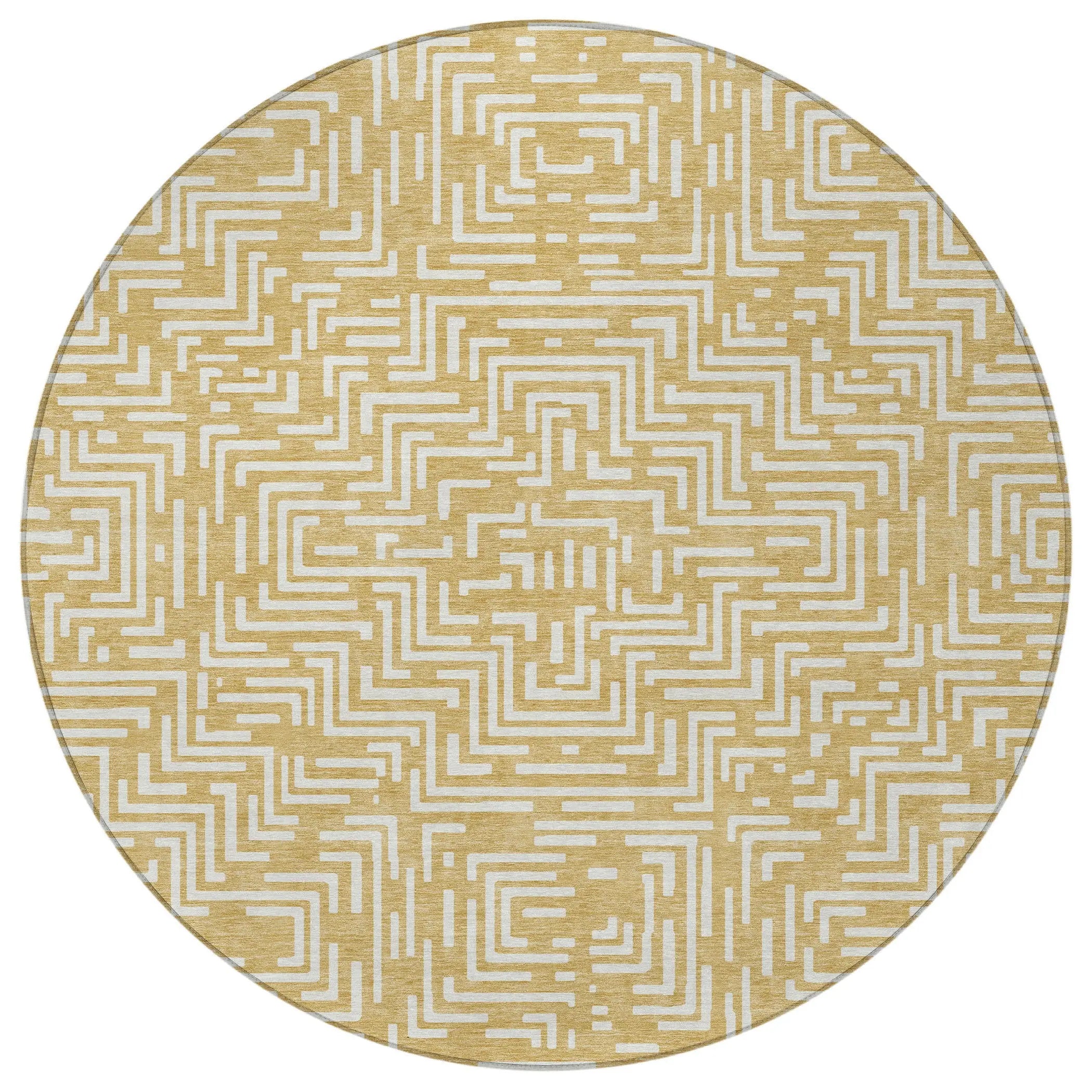 8' Gold And Brown Round Geometric Washable Indoor Outdoor Area Rug Homeroots Outdoor
