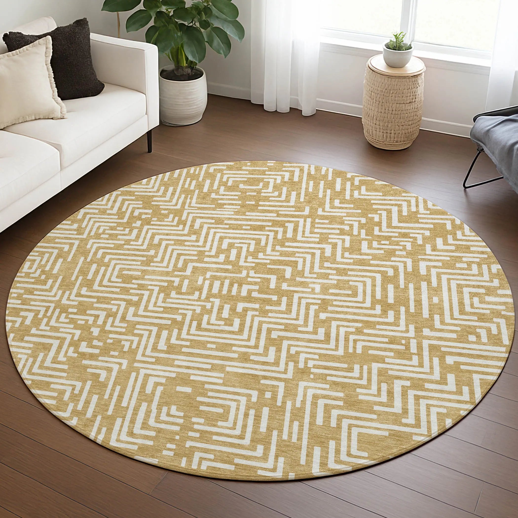 8' Gold And Brown Round Geometric Washable Indoor Outdoor Area Rug Homeroots Outdoor