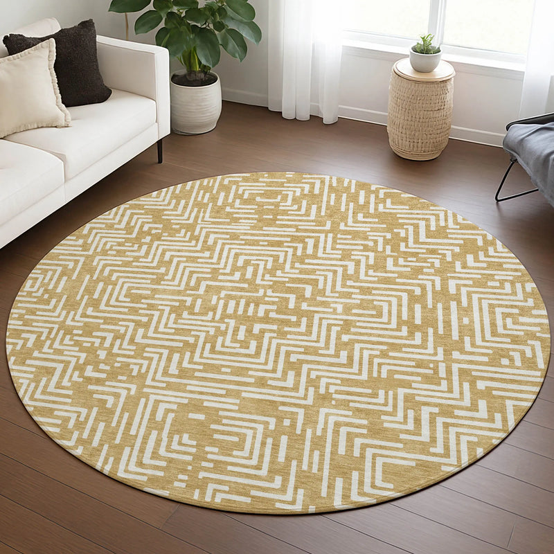 8' Gold And Brown Round Geometric Washable Indoor Outdoor Area Rug Homeroots Outdoor