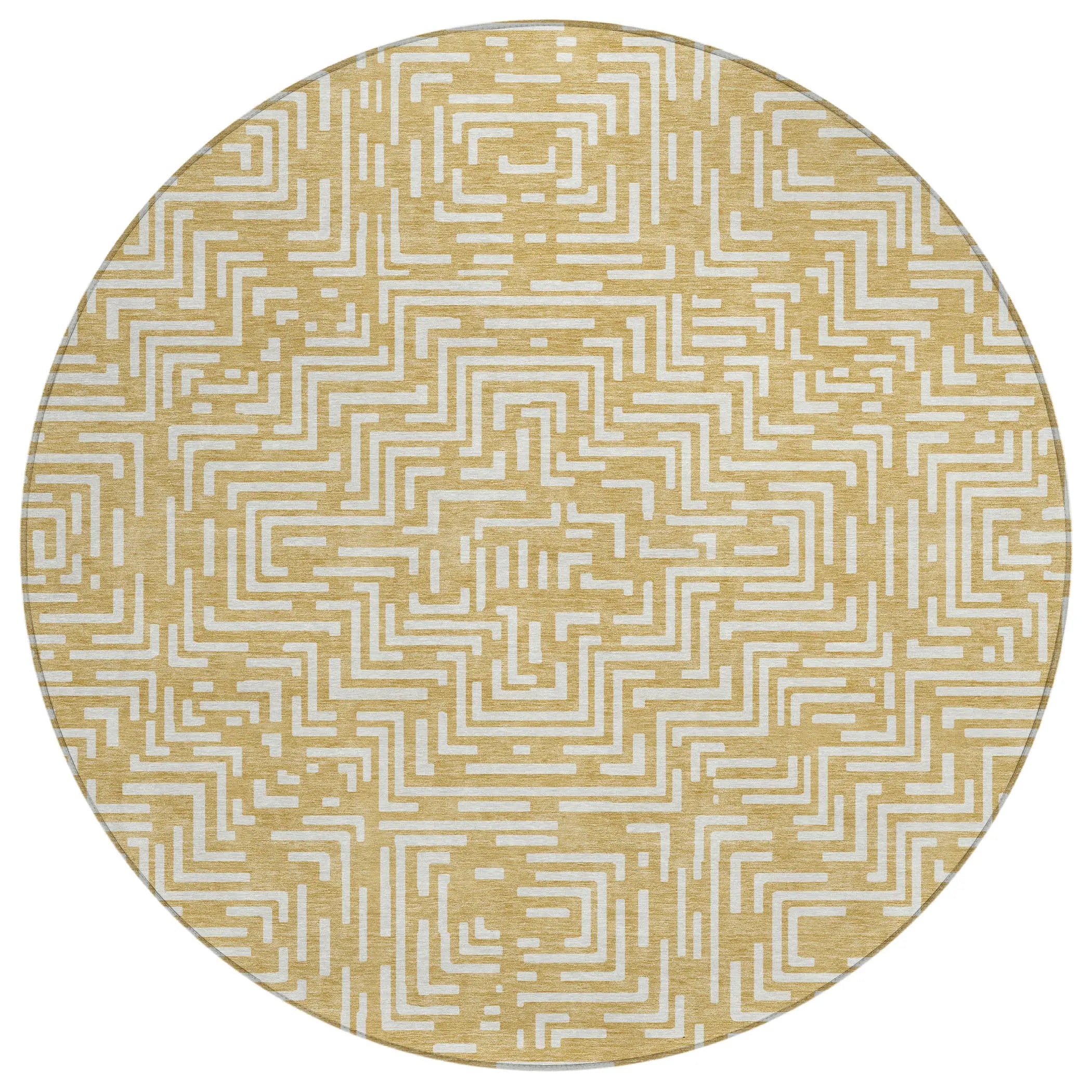 8' Gold And Brown Round Geometric Washable Indoor Outdoor Area Rug Homeroots Outdoor