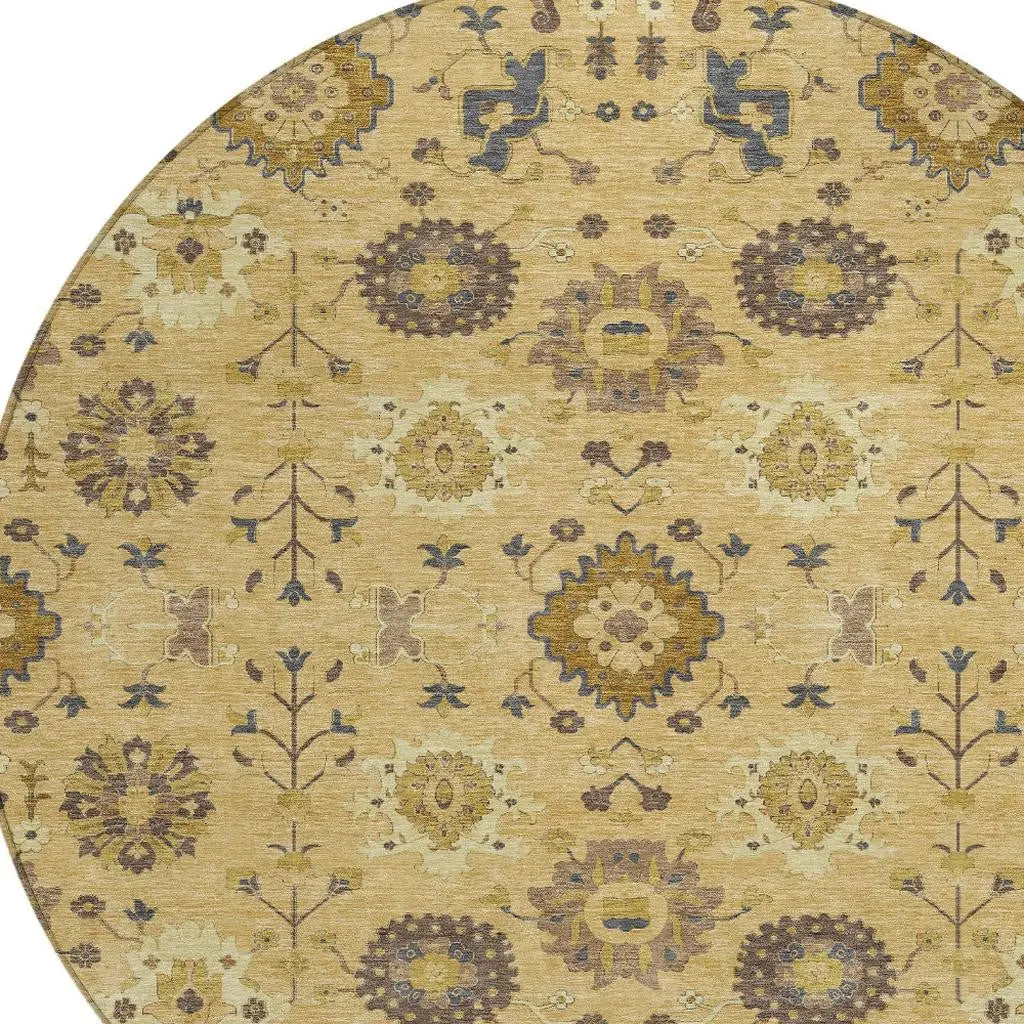 8' Gold And Brown Round Geometric Washable Indoor Outdoor Area Rug Homeroots Outdoor