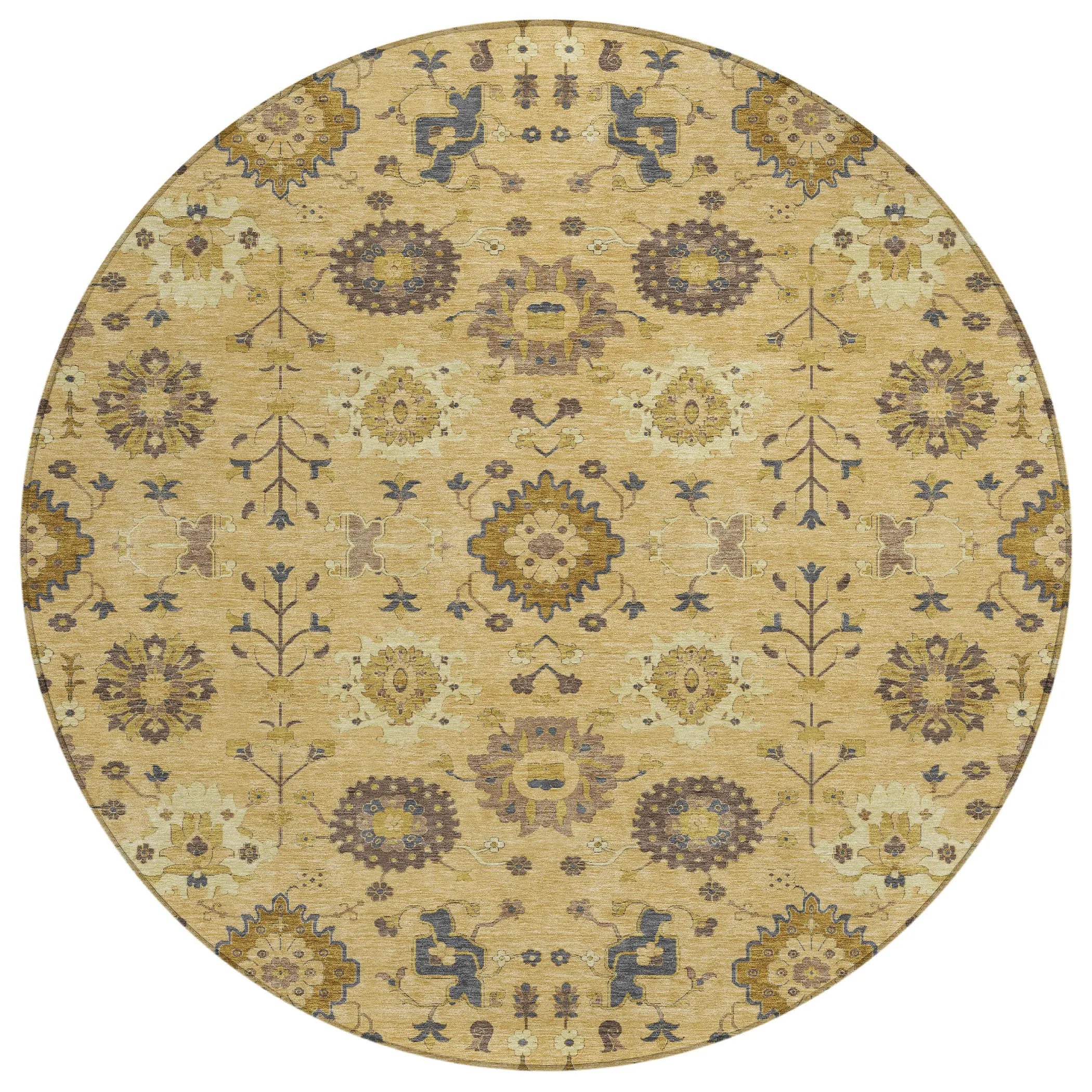 8' Gold And Brown Round Geometric Washable Indoor Outdoor Area Rug Homeroots Outdoor