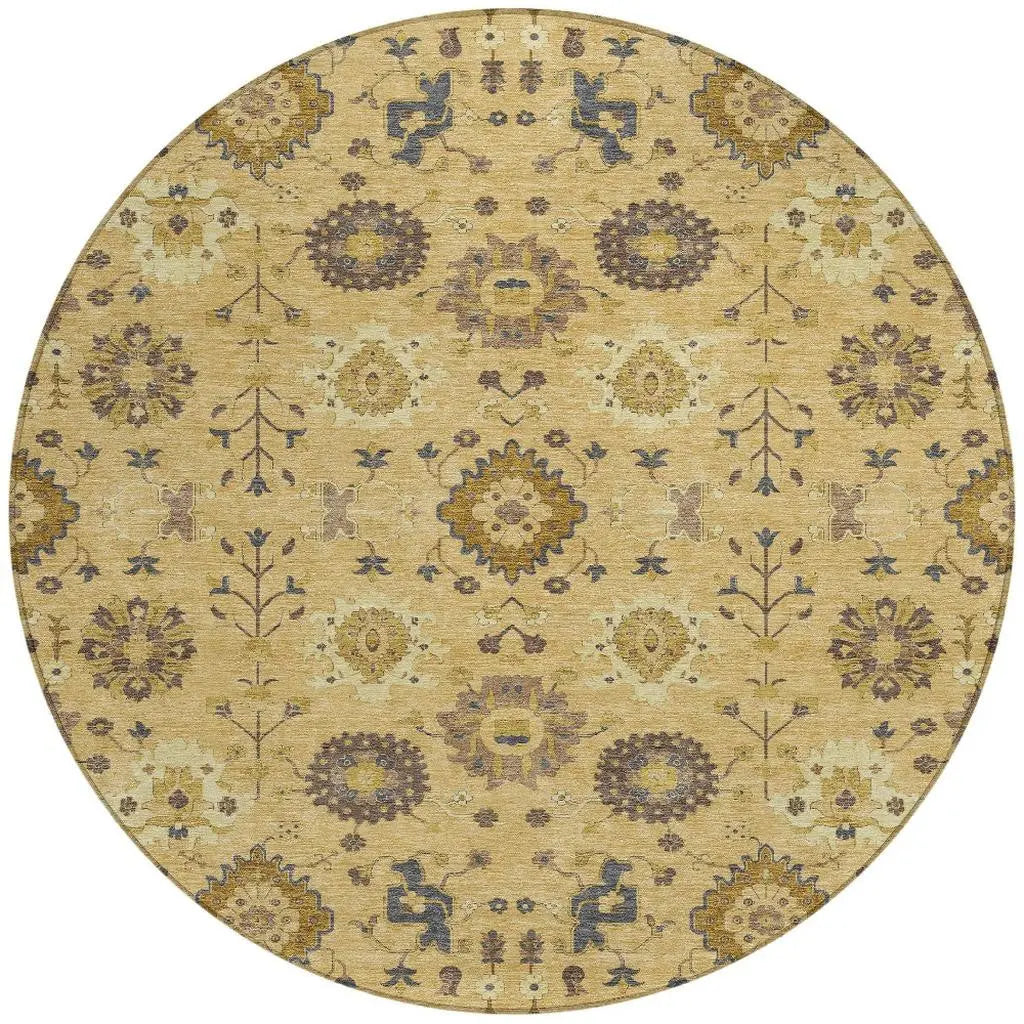 8' Gold And Brown Round Geometric Washable Indoor Outdoor Area Rug Homeroots Outdoor