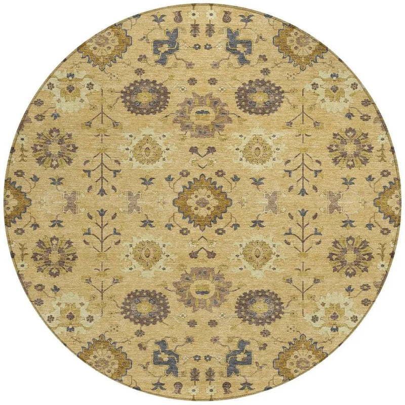 8' Gold And Brown Round Geometric Washable Indoor Outdoor Area Rug Homeroots Outdoor
