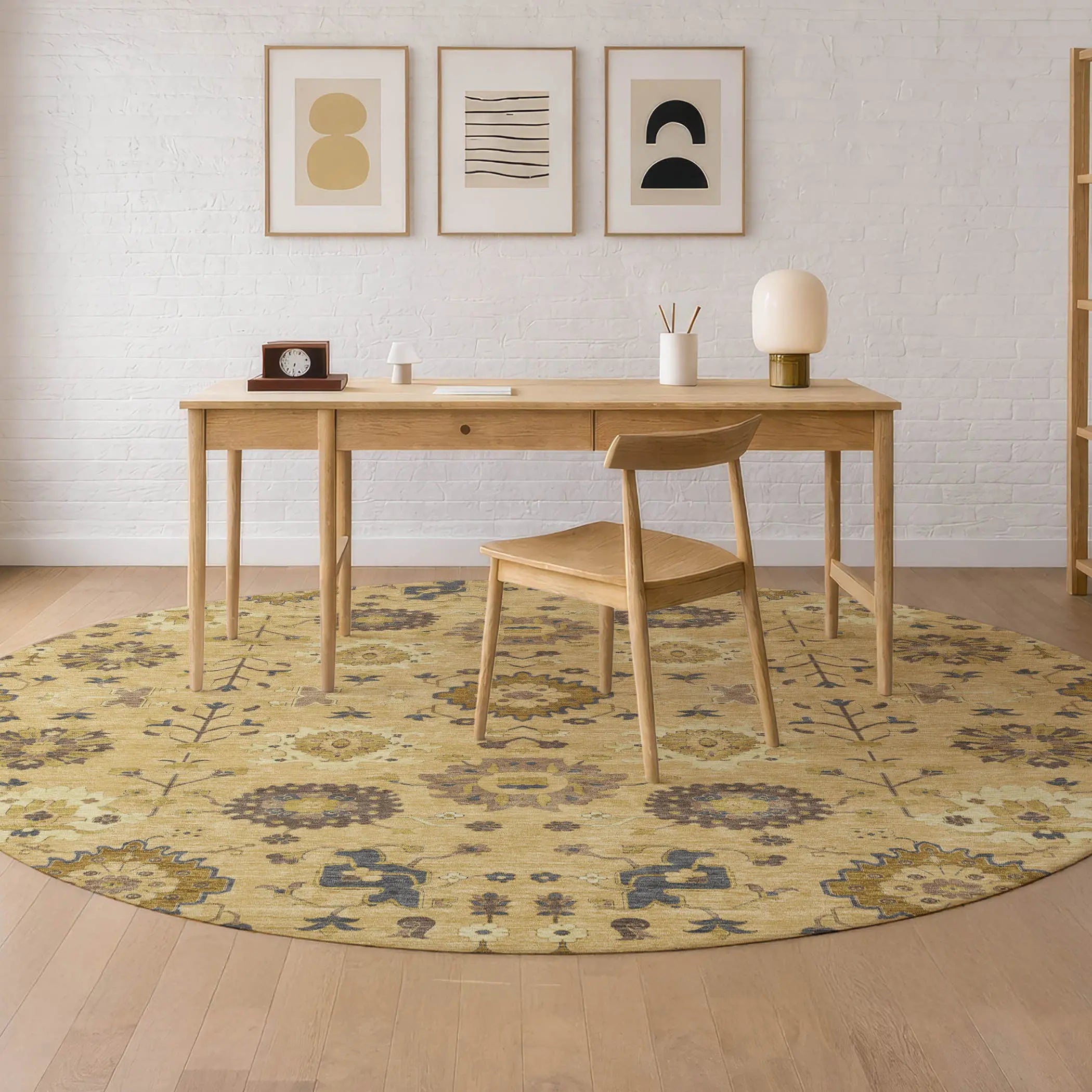 8' Gold And Brown Round Geometric Washable Indoor Outdoor Area Rug Homeroots Outdoor