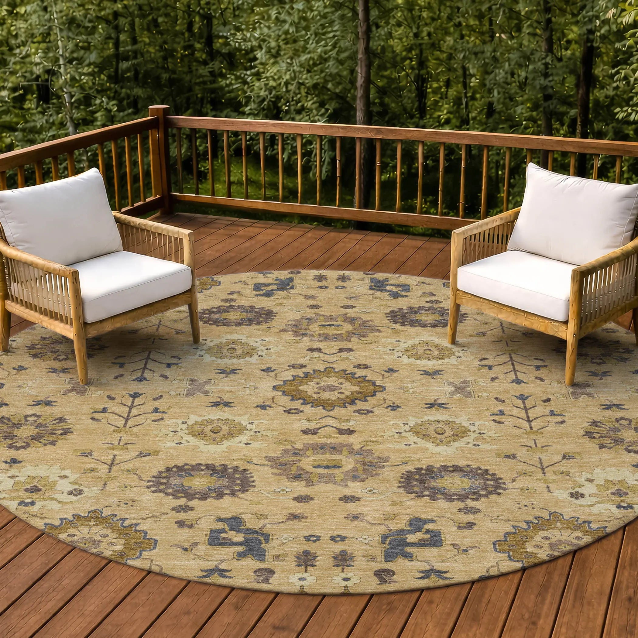 8' Gold And Brown Round Geometric Washable Indoor Outdoor Area Rug Homeroots Outdoor