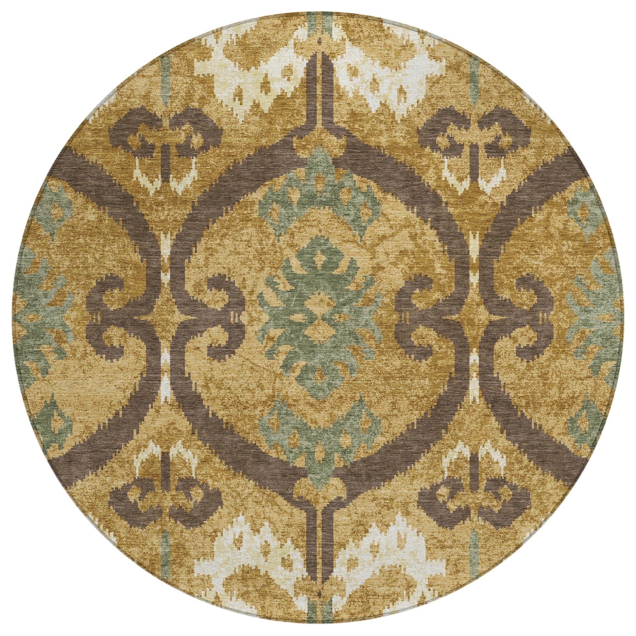 8' Gold And Brown Round Ikat Washable Indoor Outdoor Area Rug Homeroots Outdoor
