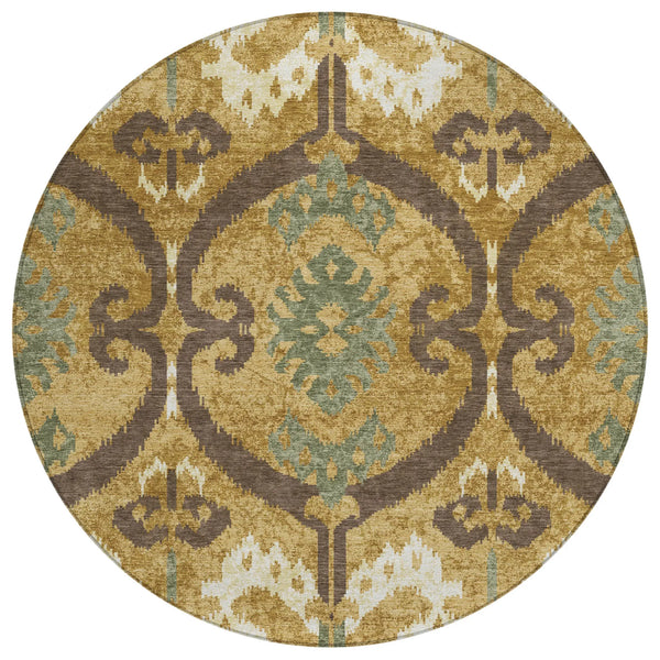 8' Gold And Brown Round Ikat Washable Indoor Outdoor Area Rug Homeroots Outdoor