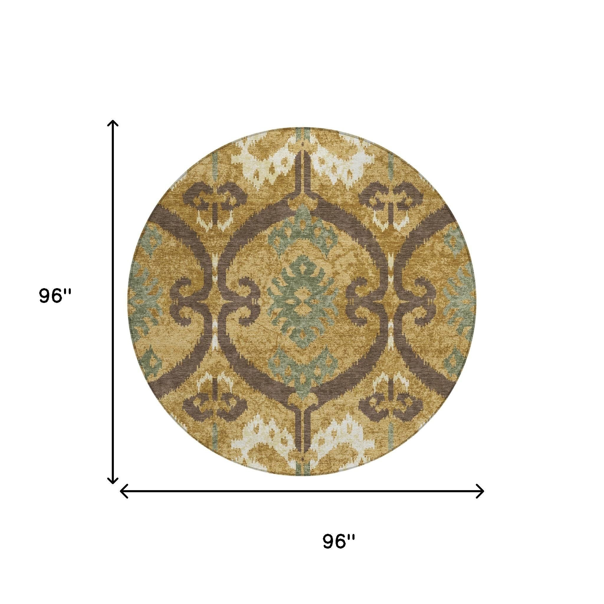 8' Gold And Brown Round Ikat Washable Indoor Outdoor Area Rug Homeroots Outdoor