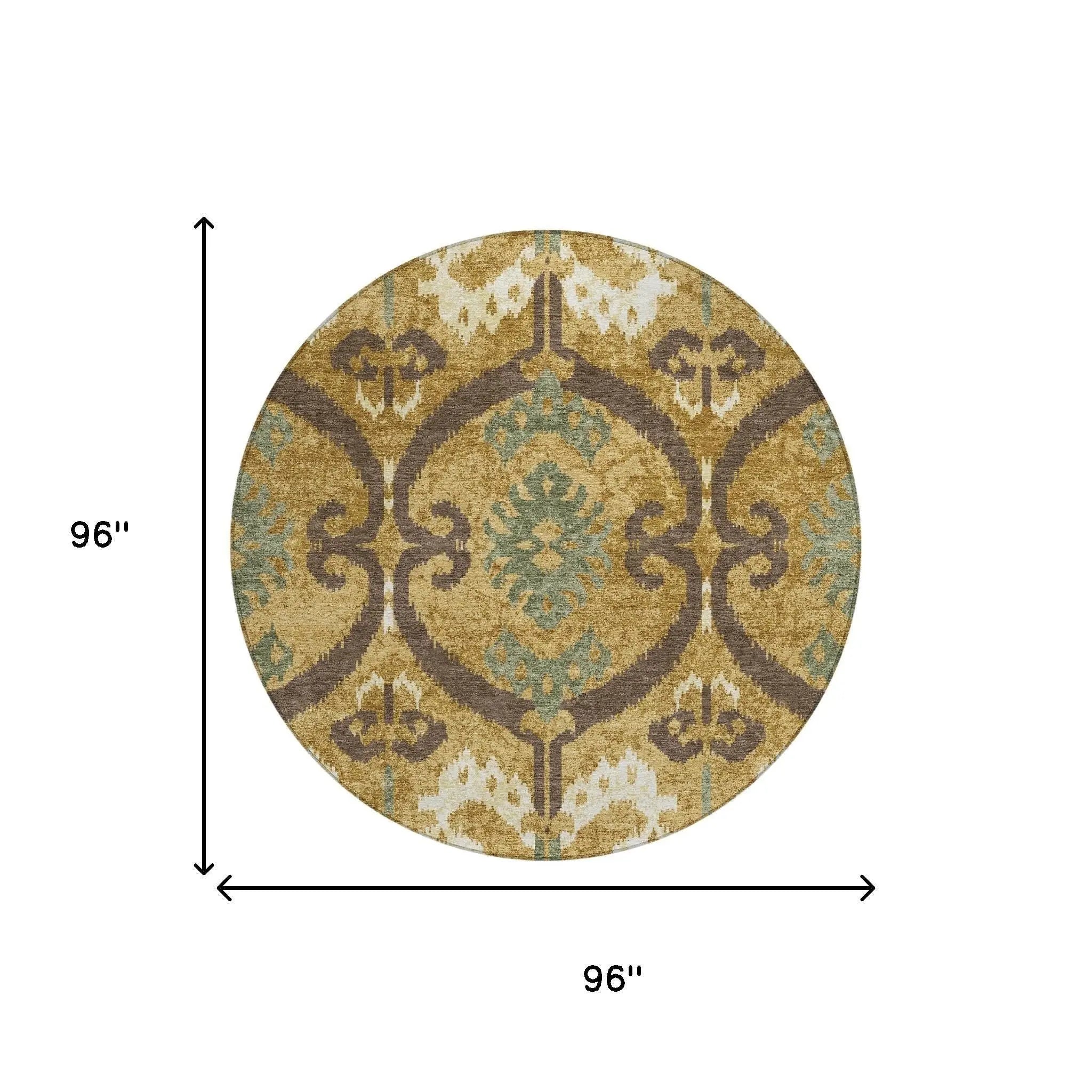 8' Gold And Brown Round Ikat Washable Indoor Outdoor Area Rug Homeroots Outdoor