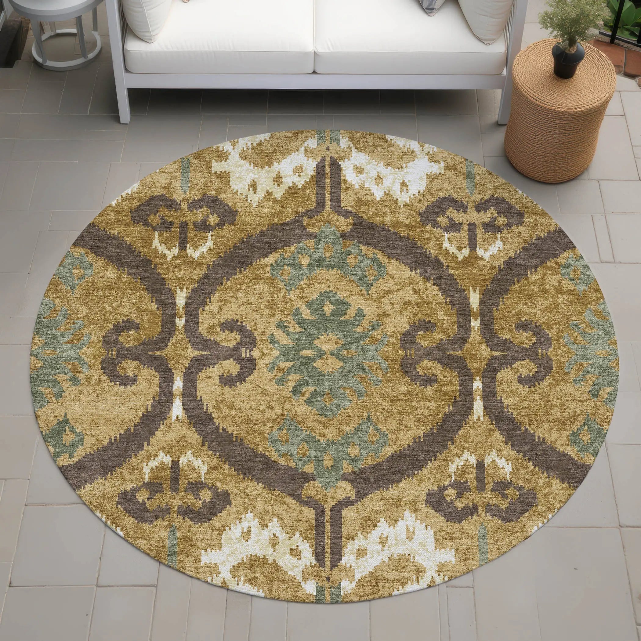 8' Gold And Brown Round Ikat Washable Indoor Outdoor Area Rug Homeroots Outdoor