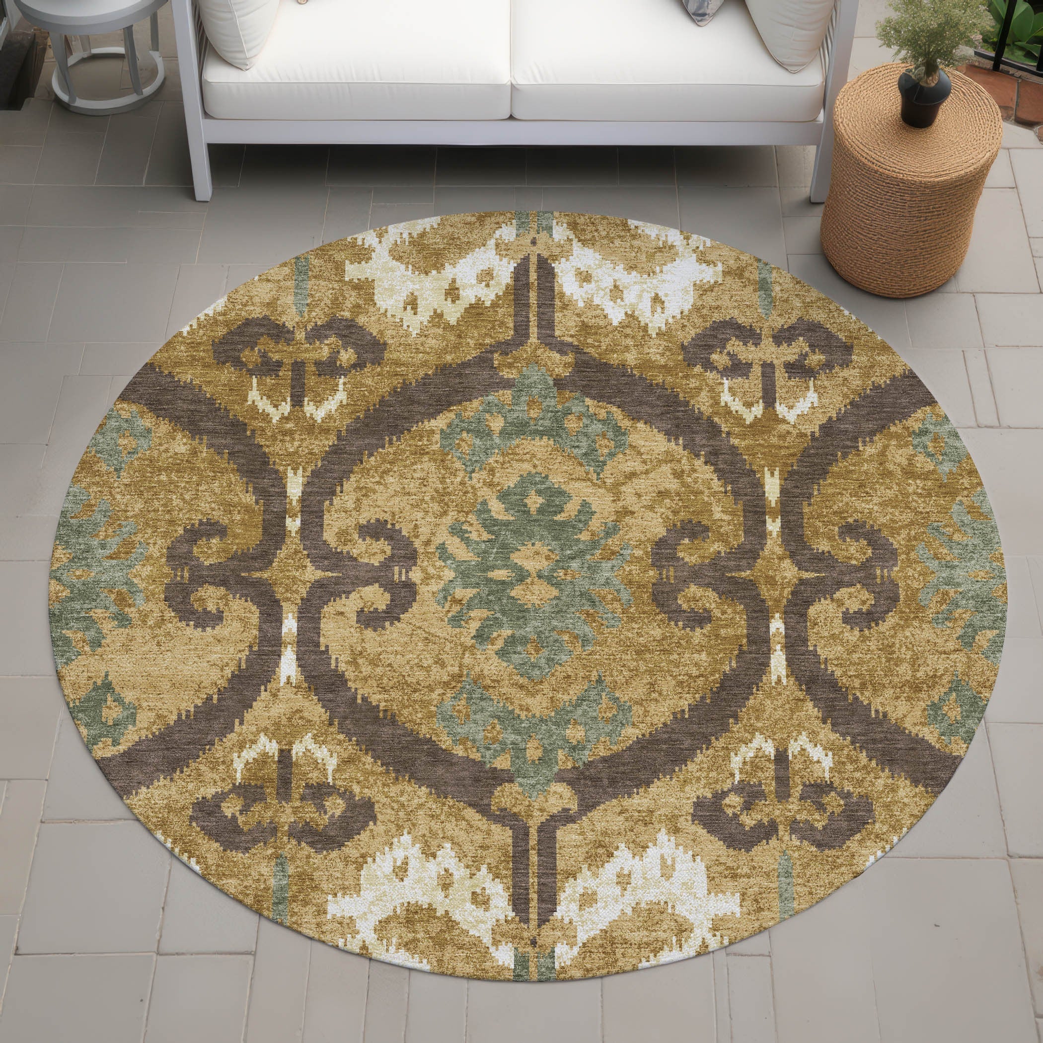 8' Gold And Brown Round Ikat Washable Indoor Outdoor Area Rug Homeroots Outdoor