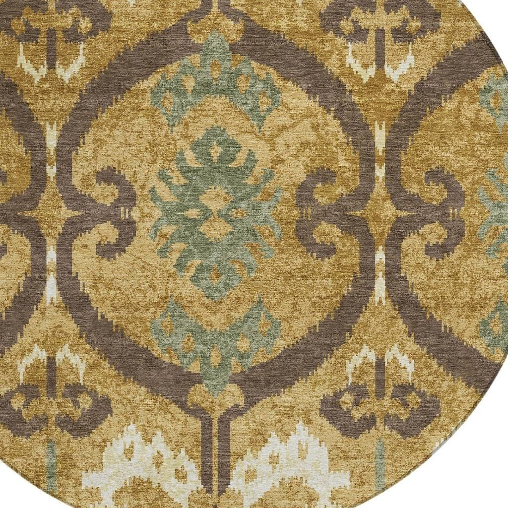 8' Gold And Brown Round Ikat Washable Indoor Outdoor Area Rug Homeroots Outdoor