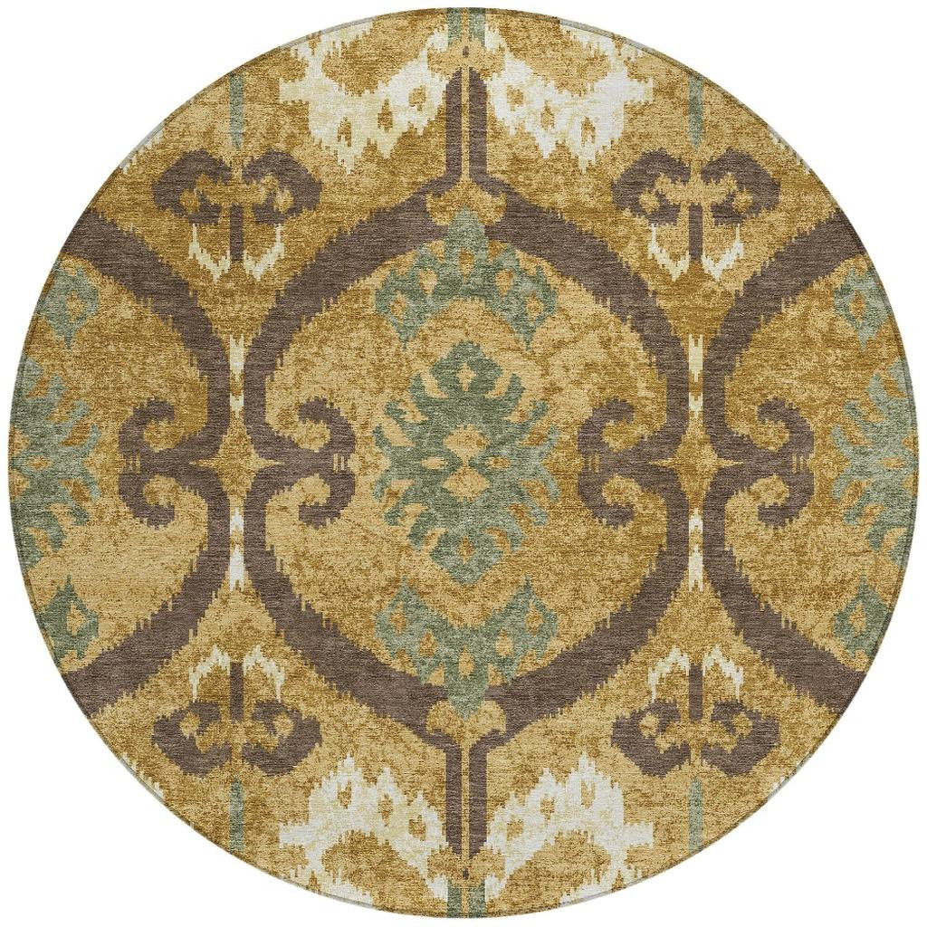 8' Gold And Brown Round Ikat Washable Indoor Outdoor Area Rug Homeroots Outdoor