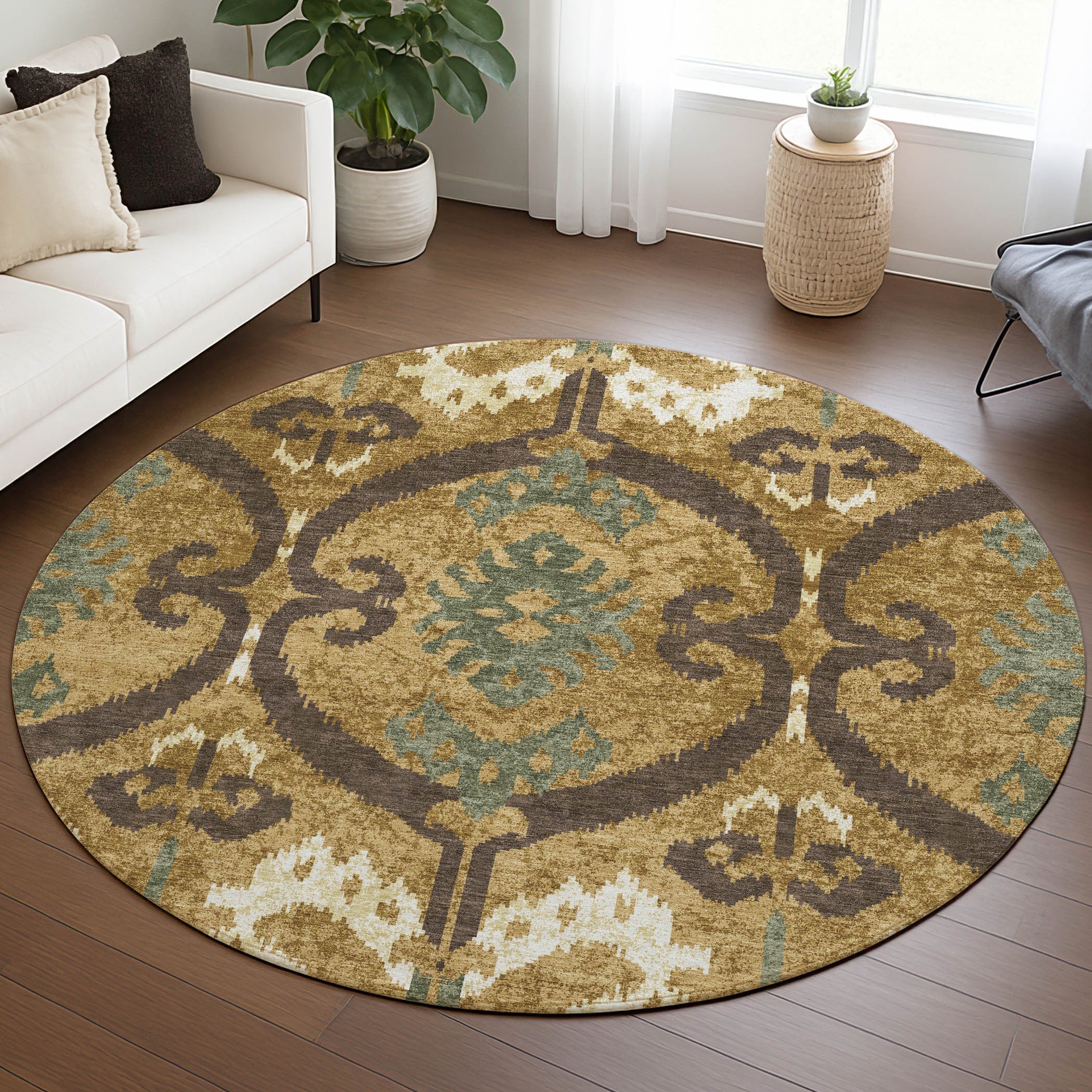 8' Gold And Brown Round Ikat Washable Indoor Outdoor Area Rug Homeroots Outdoor