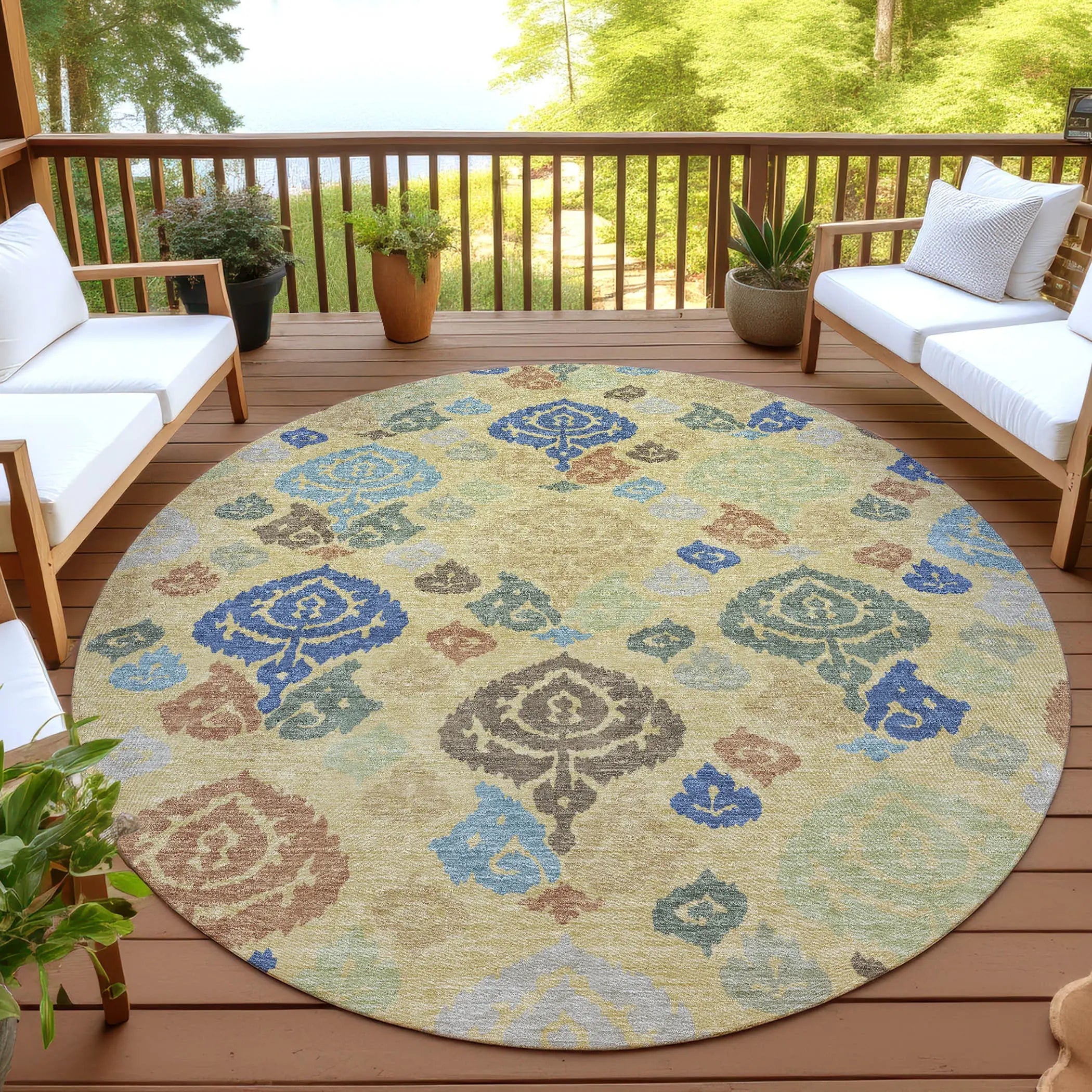 8' Gold And Chocolate Round Damask Washable Indoor Outdoor Area Rug Homeroots Outdoor