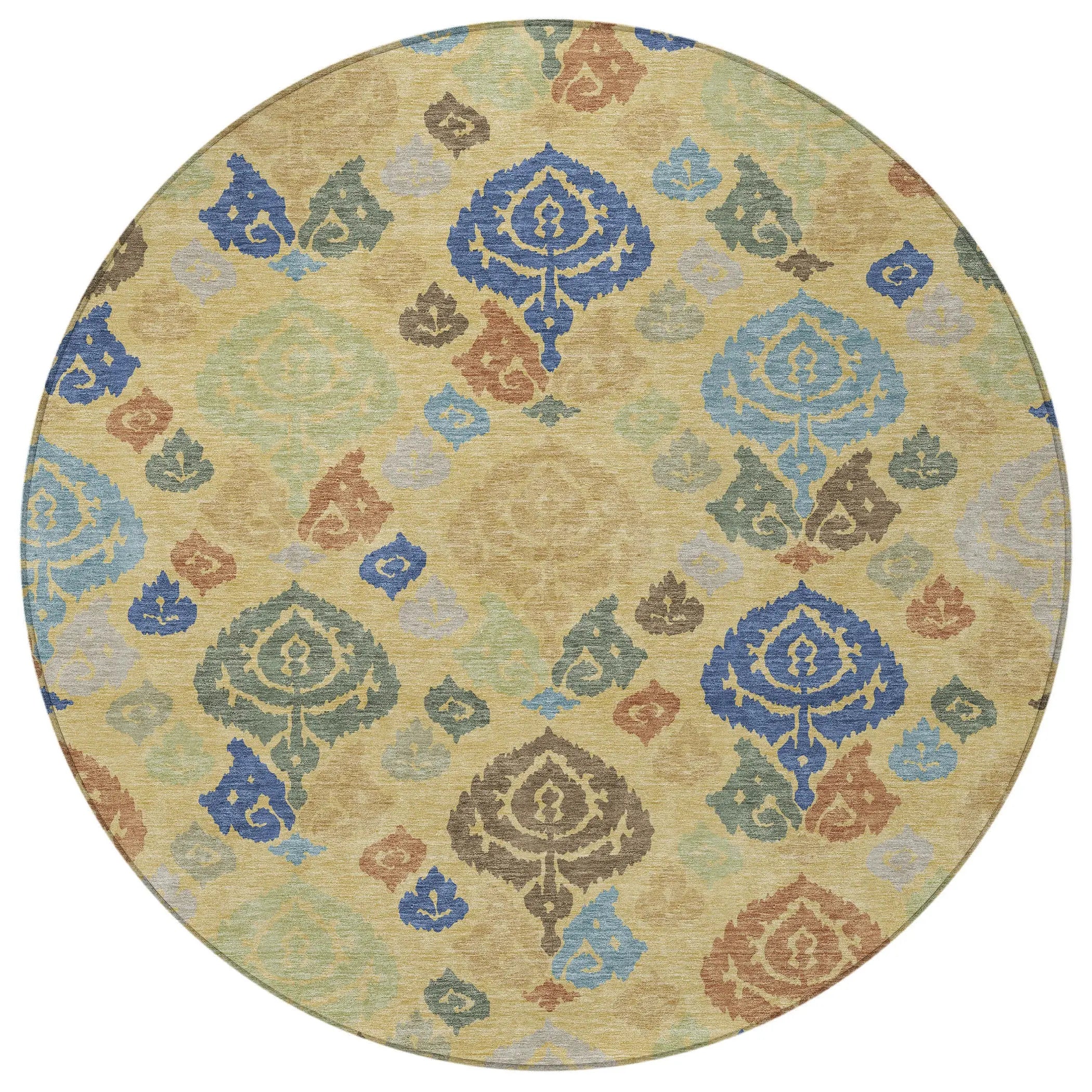 8' Gold And Chocolate Round Damask Washable Indoor Outdoor Area Rug Homeroots Outdoor
