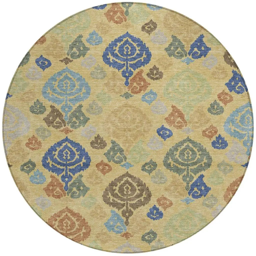 8' Gold And Chocolate Round Damask Washable Indoor Outdoor Area Rug Homeroots Outdoor
