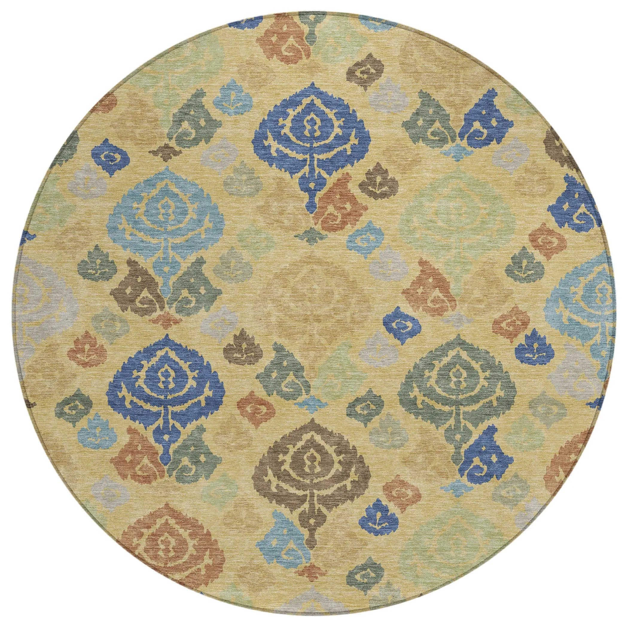 8' Gold And Chocolate Round Damask Washable Indoor Outdoor Area Rug Homeroots Outdoor