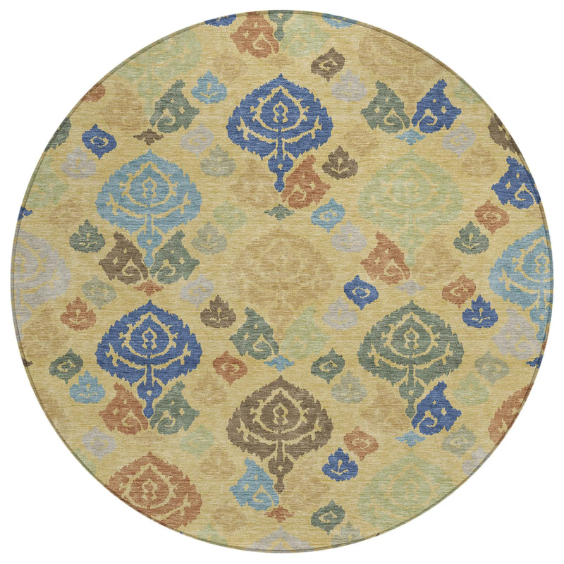 8' Gold And Chocolate Round Damask Washable Indoor Outdoor Area Rug Homeroots Outdoor