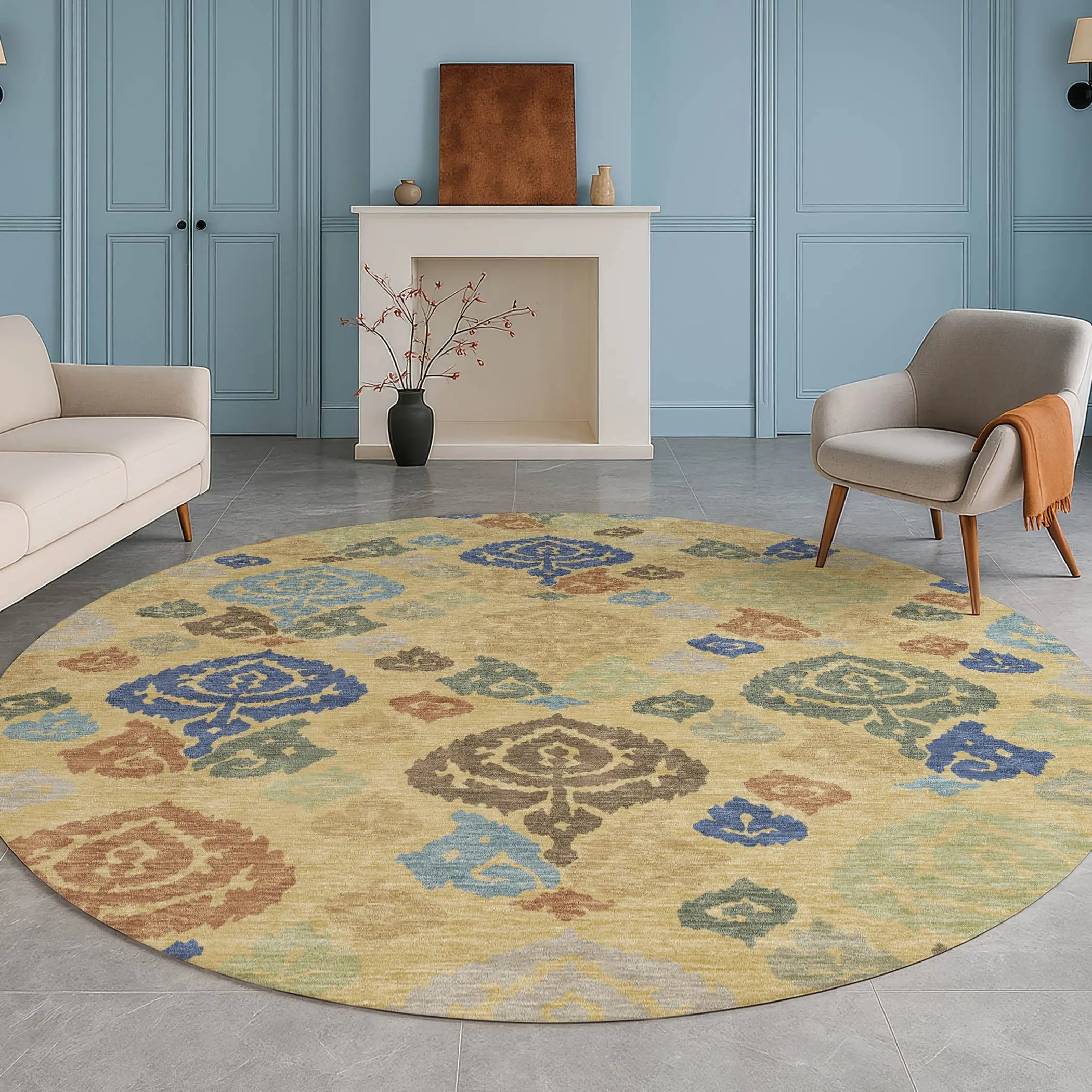 8' Gold And Chocolate Round Damask Washable Indoor Outdoor Area Rug Homeroots Outdoor