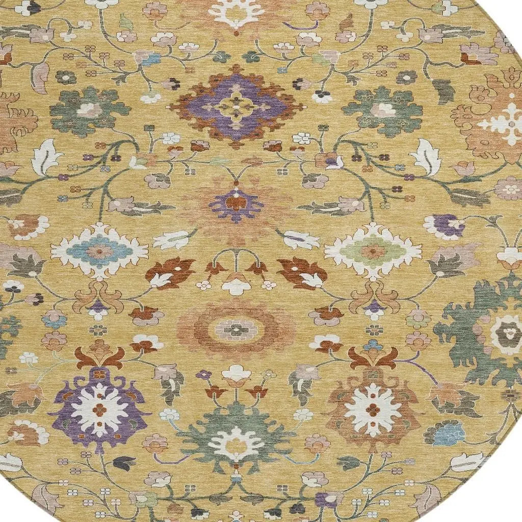 8' Gold And Copper Round Floral Medallion Washable Indoor Outdoor Area Rug Homeroots Outdoor
