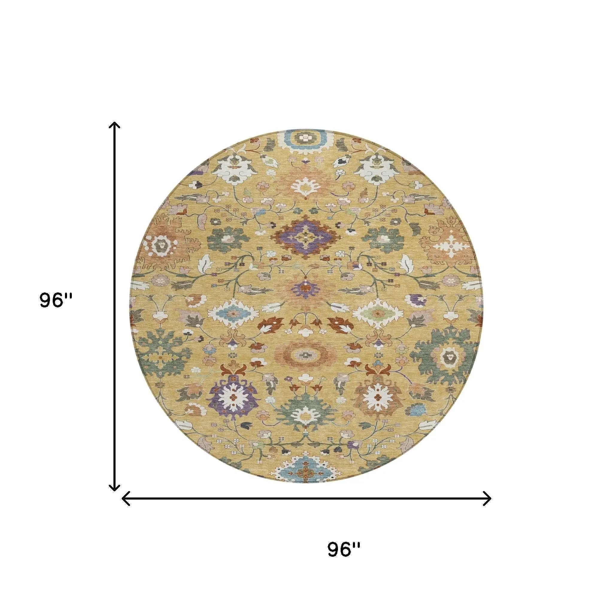 8' Gold And Copper Round Floral Medallion Washable Indoor Outdoor Area Rug Homeroots Outdoor