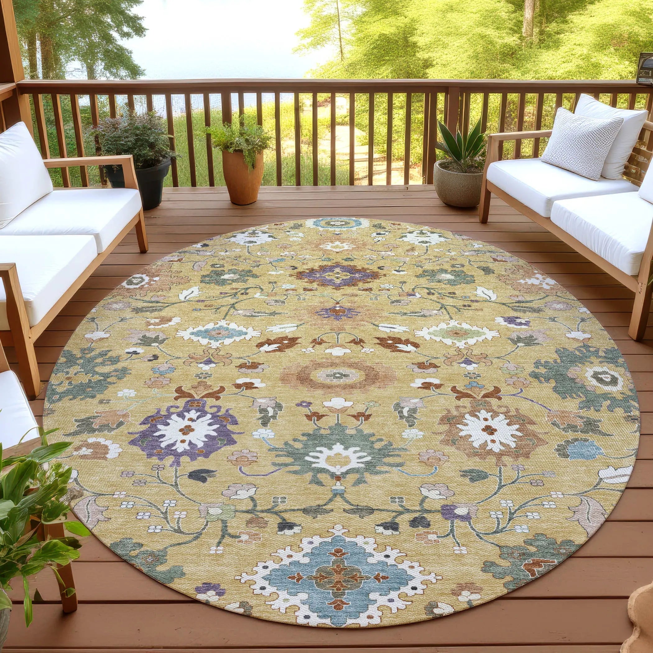 8' Gold And Copper Round Floral Medallion Washable Indoor Outdoor Area Rug Homeroots Outdoor
