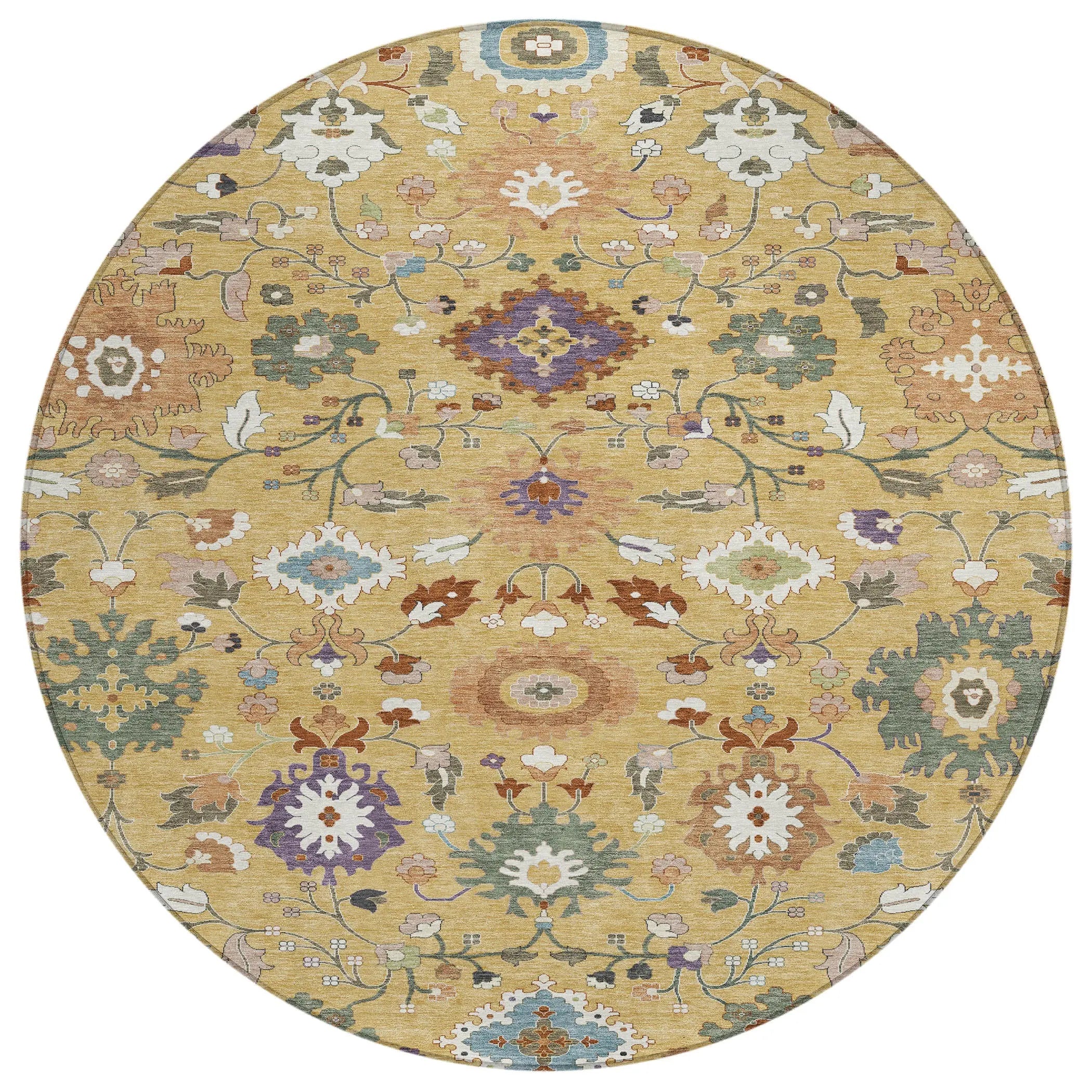 8' Gold And Copper Round Floral Medallion Washable Indoor Outdoor Area Rug Homeroots Outdoor