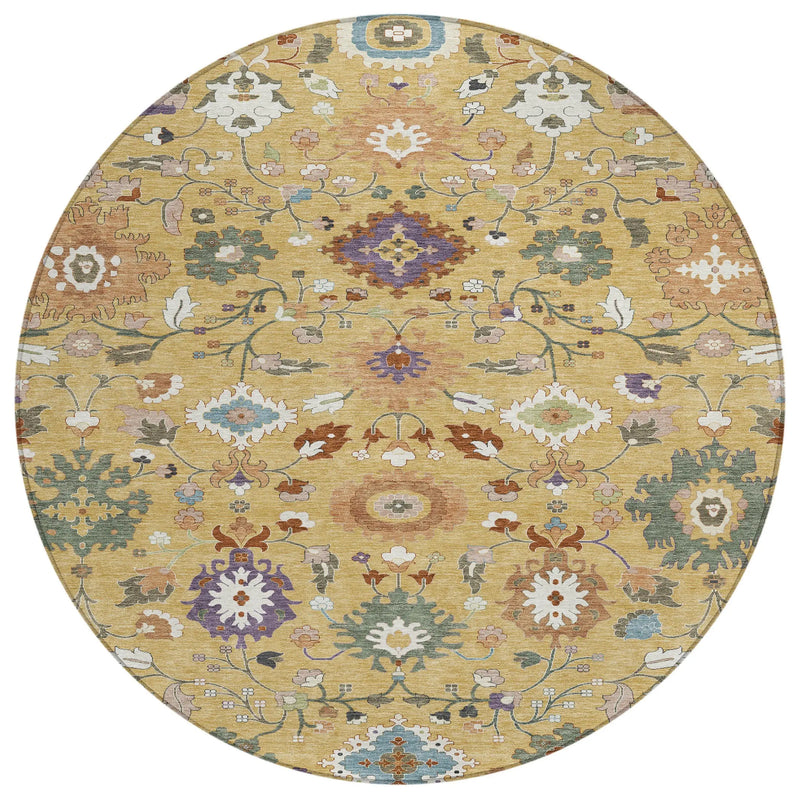 8' Gold And Copper Round Floral Medallion Washable Indoor Outdoor Area Rug Homeroots Outdoor