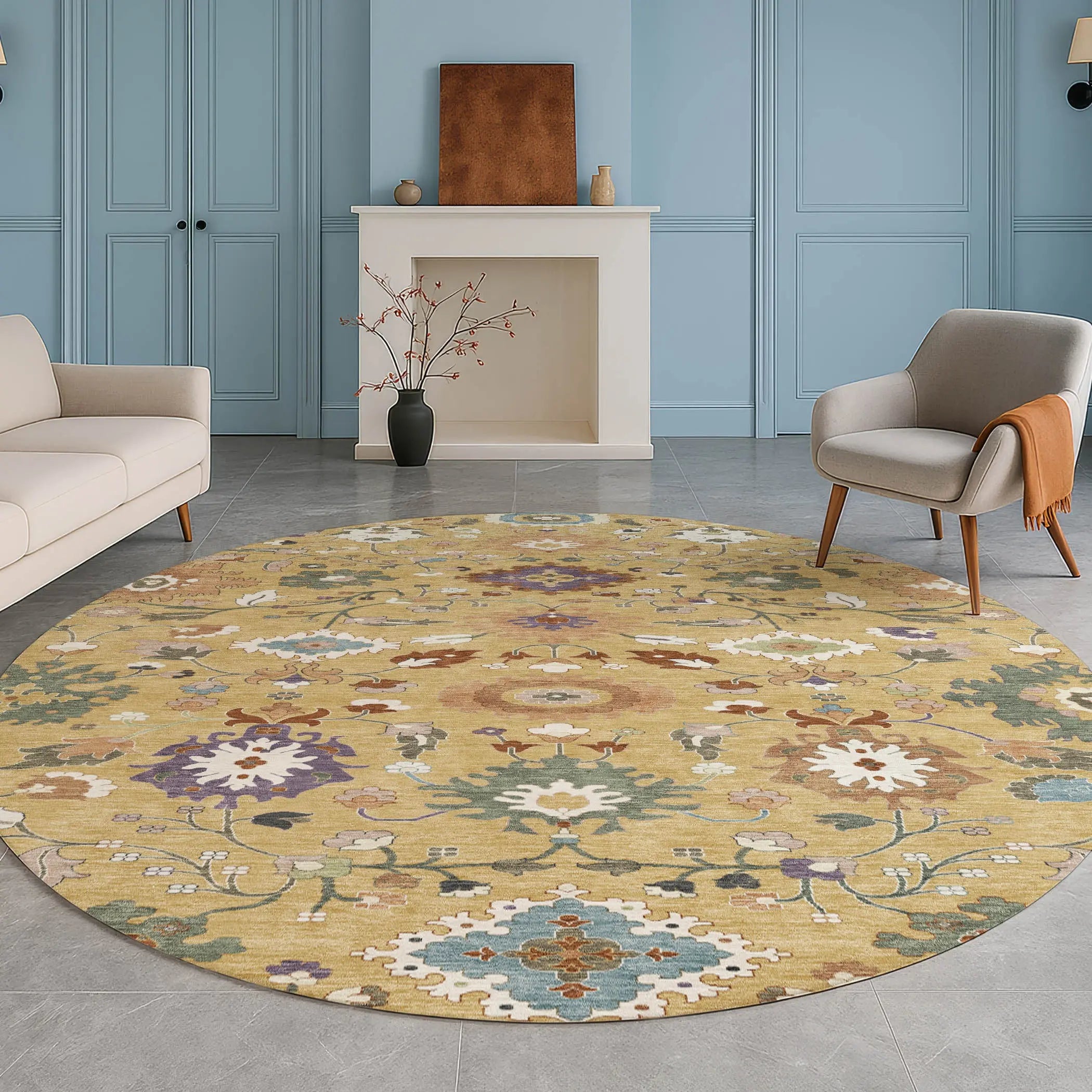 8' Gold And Copper Round Floral Medallion Washable Indoor Outdoor Area Rug Homeroots Outdoor