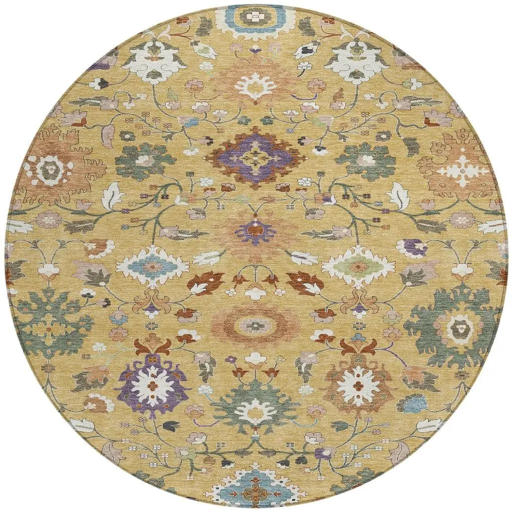 8' Gold And Copper Round Floral Medallion Washable Indoor Outdoor Area Rug Homeroots Outdoor