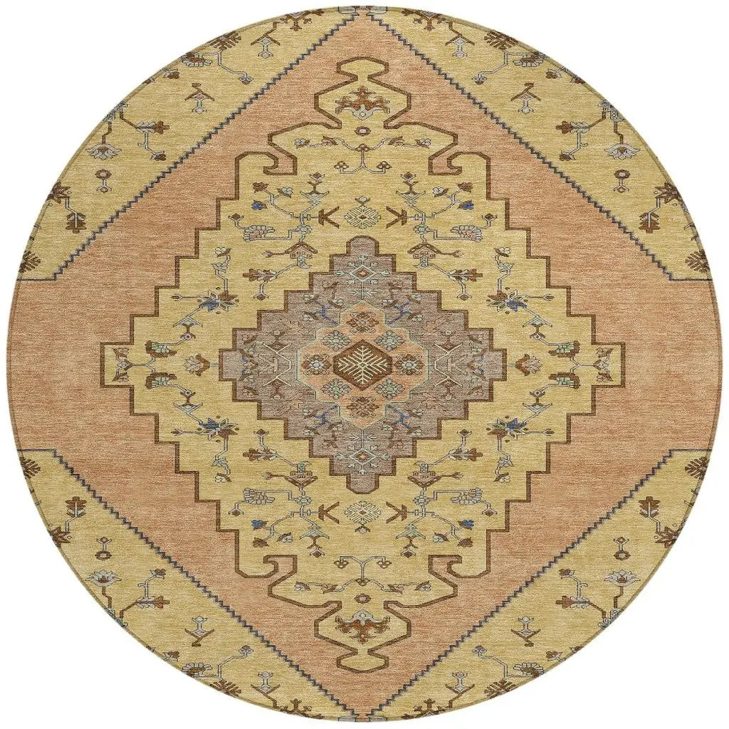 8' Gold And Copper Round Geometric Washable Indoor Outdoor Area Rug Homeroots Outdoor