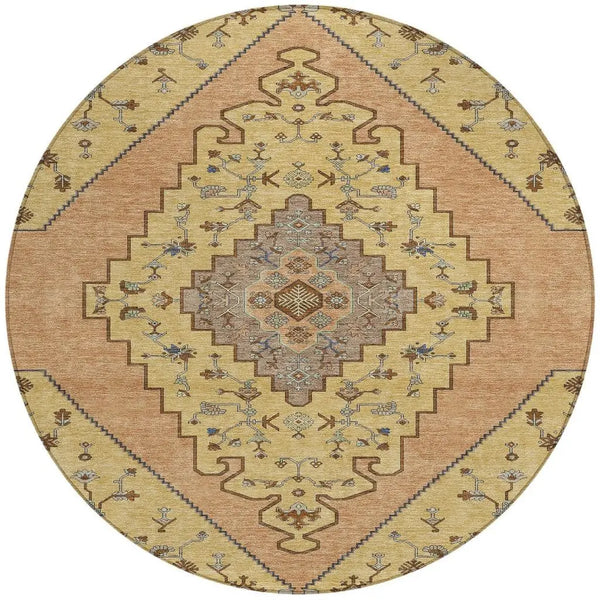 8' Gold And Copper Round Geometric Washable Indoor Outdoor Area Rug Homeroots Outdoor