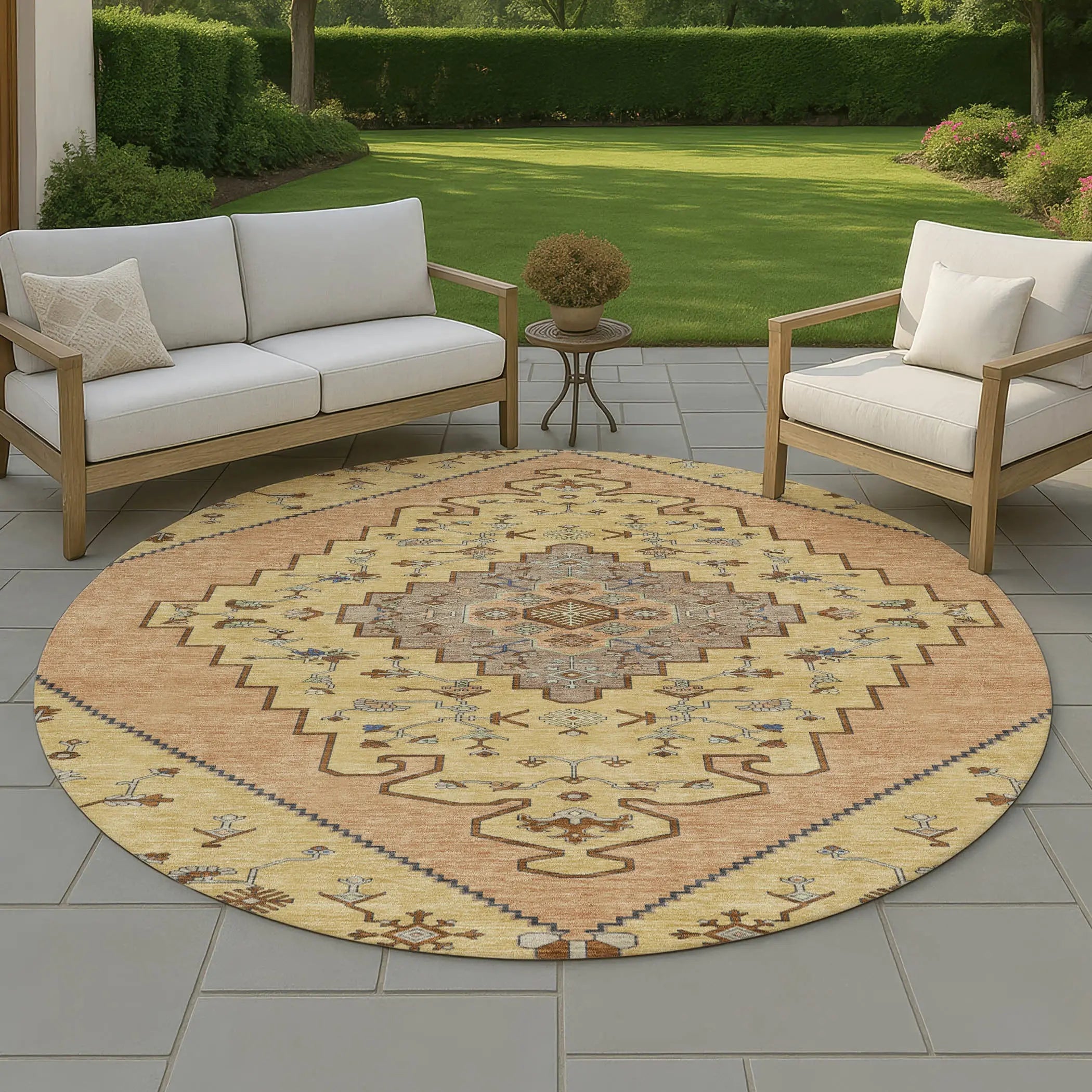 8' Gold And Copper Round Geometric Washable Indoor Outdoor Area Rug Homeroots Outdoor