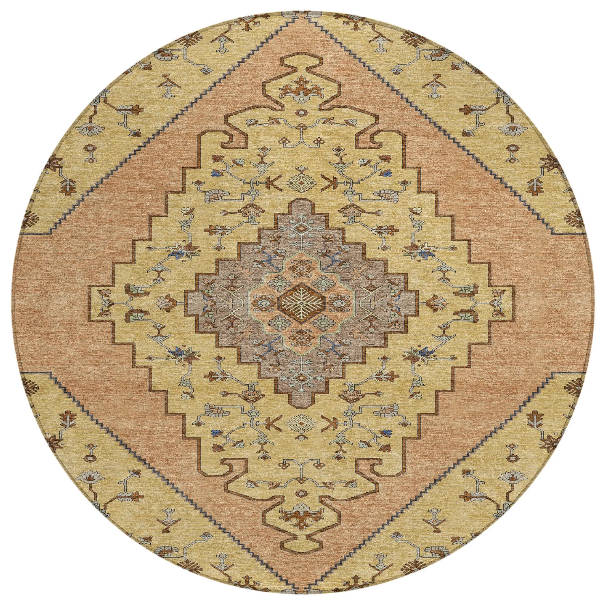 8' Gold And Copper Round Geometric Washable Indoor Outdoor Area Rug Homeroots Outdoor