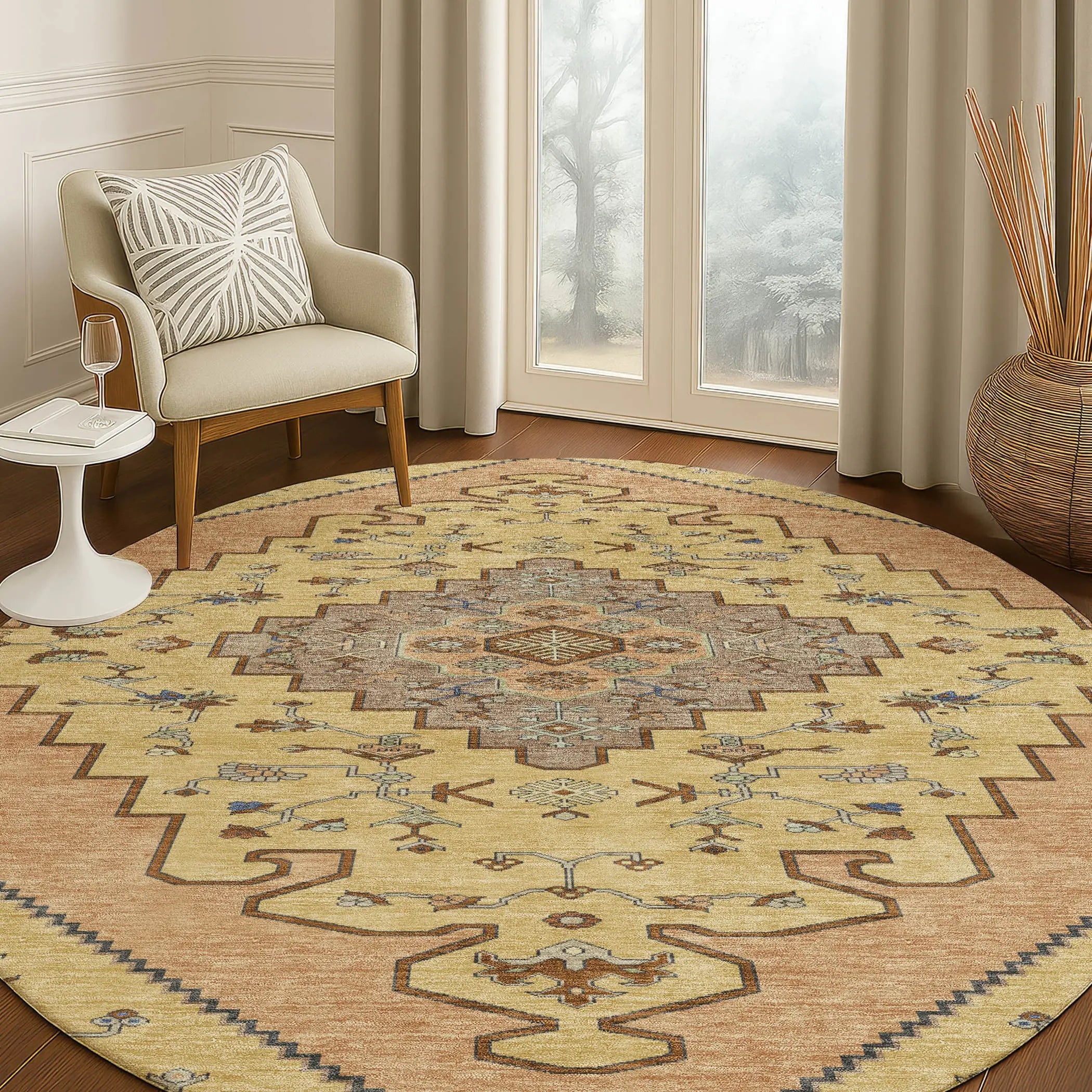 8' Gold And Copper Round Geometric Washable Indoor Outdoor Area Rug Homeroots Outdoor