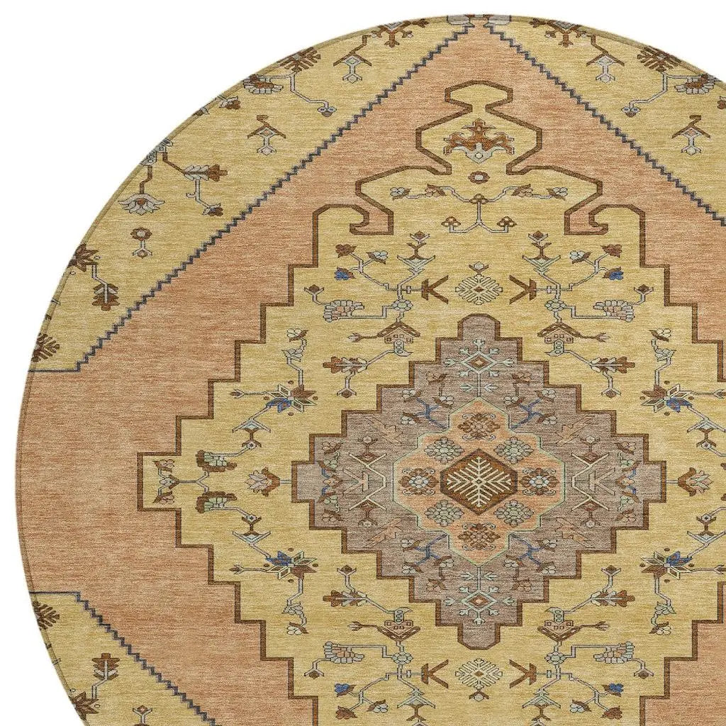 8' Gold And Copper Round Geometric Washable Indoor Outdoor Area Rug Homeroots Outdoor