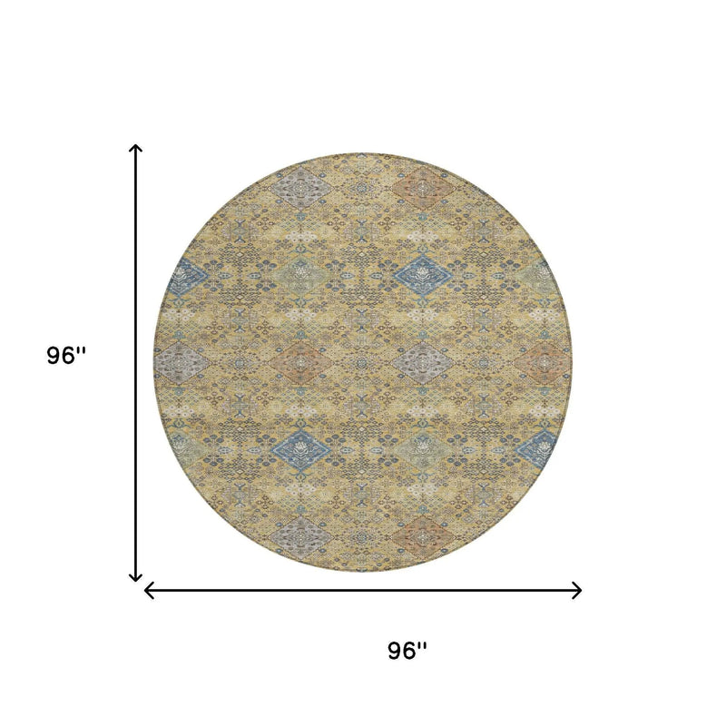 8' Gold And Copper Round Oriental Washable Indoor Outdoor Area Rug Homeroots Outdoor