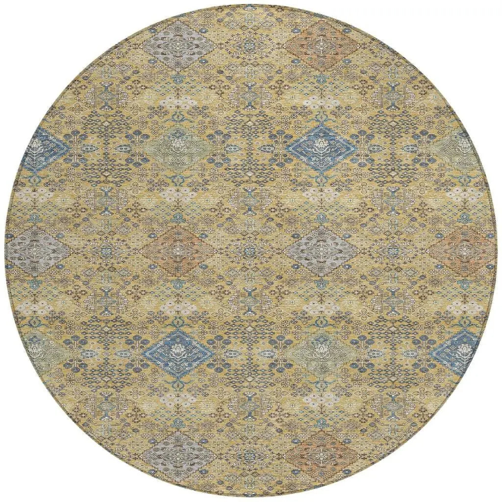 8' Gold And Copper Round Oriental Washable Indoor Outdoor Area Rug Homeroots Outdoor