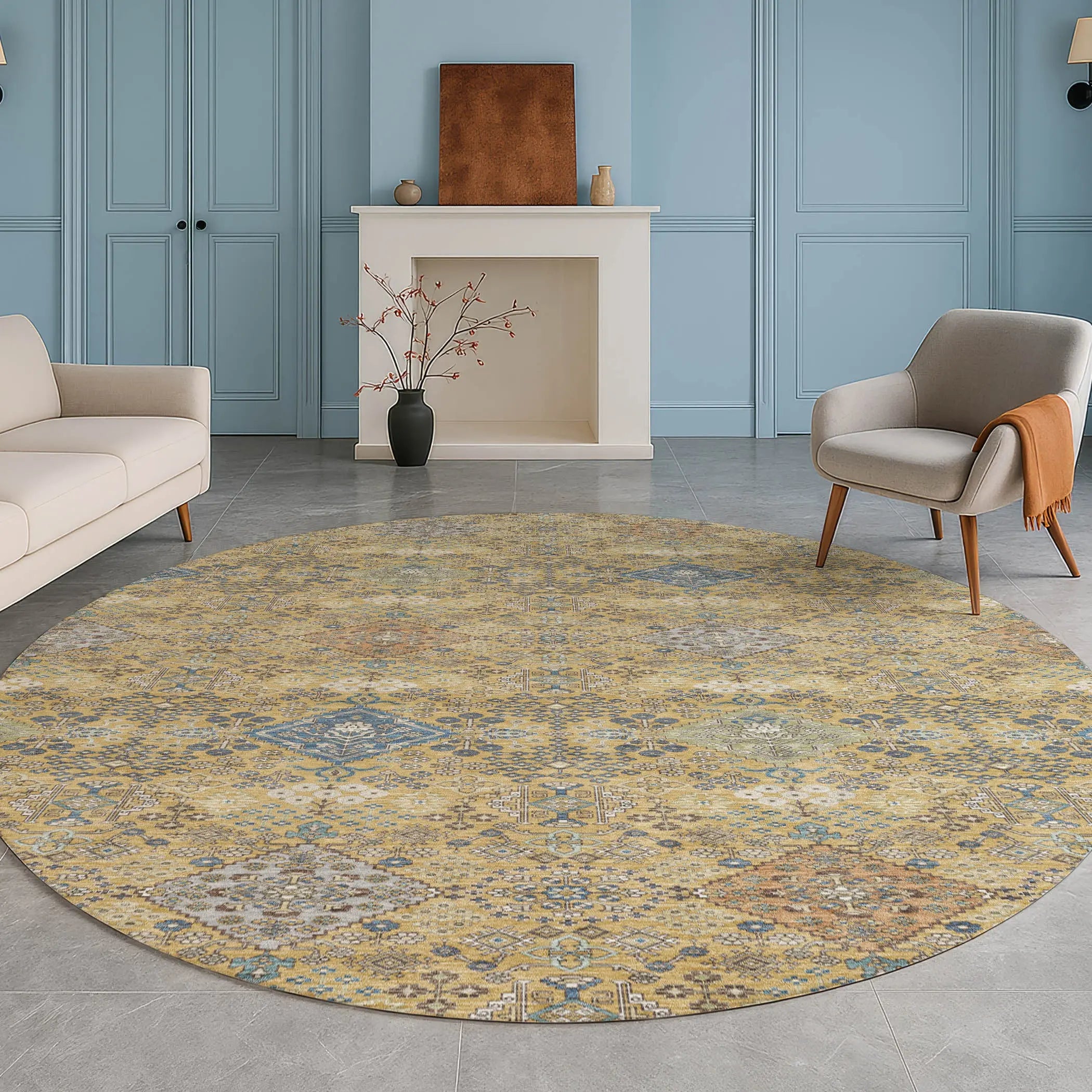 8' Gold And Copper Round Oriental Washable Indoor Outdoor Area Rug Homeroots Outdoor