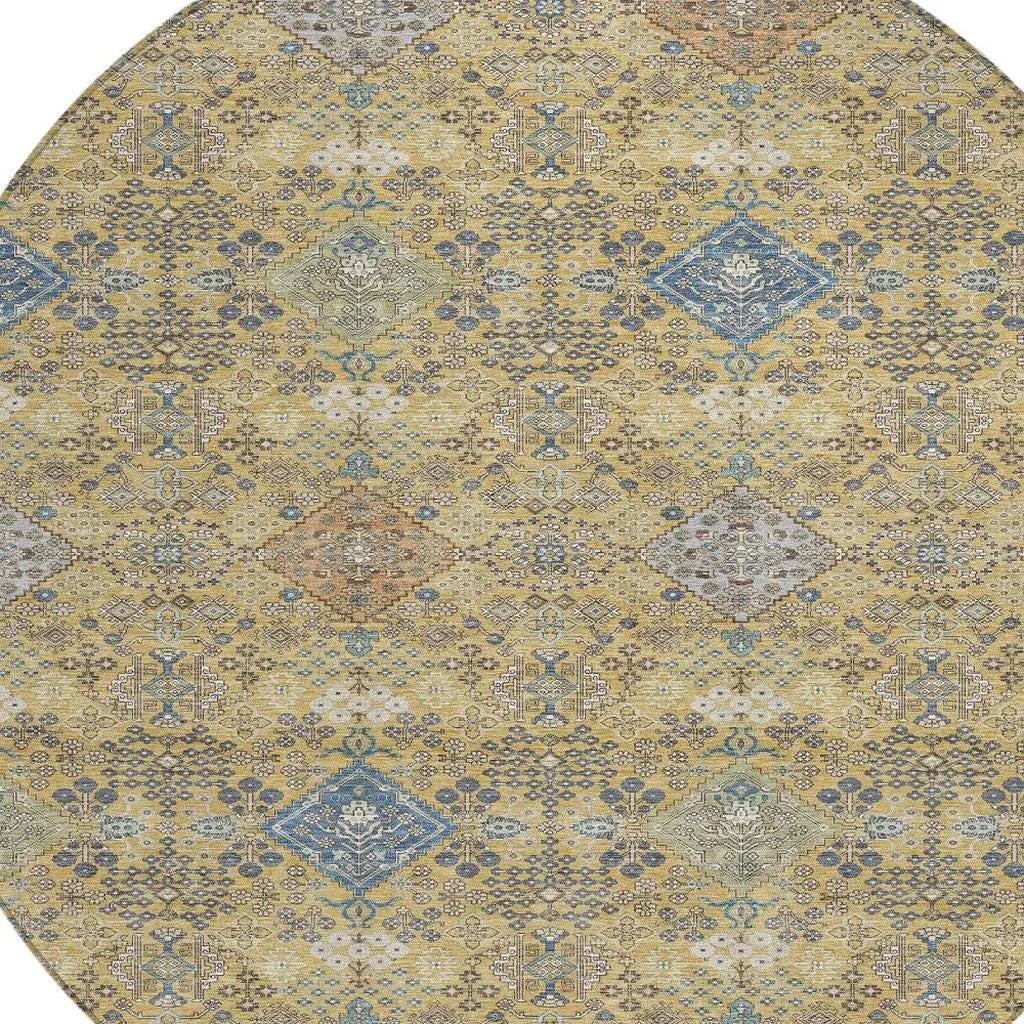 8' Gold And Copper Round Oriental Washable Indoor Outdoor Area Rug Homeroots Outdoor