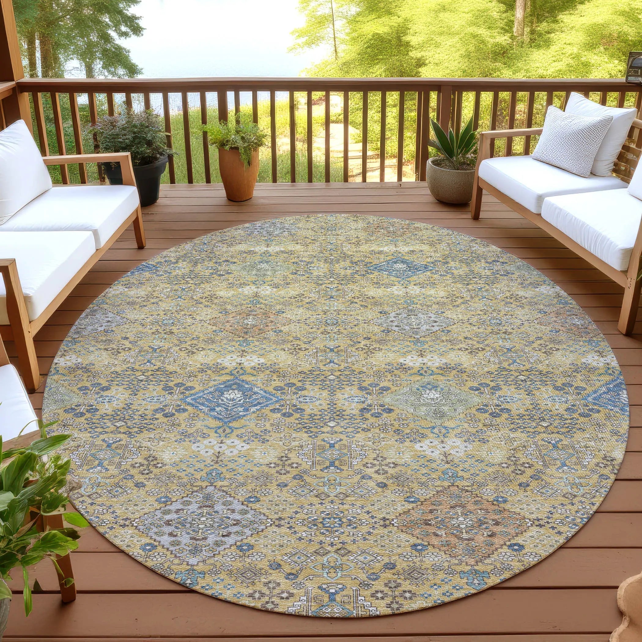 8' Gold And Copper Round Oriental Washable Indoor Outdoor Area Rug Homeroots Outdoor